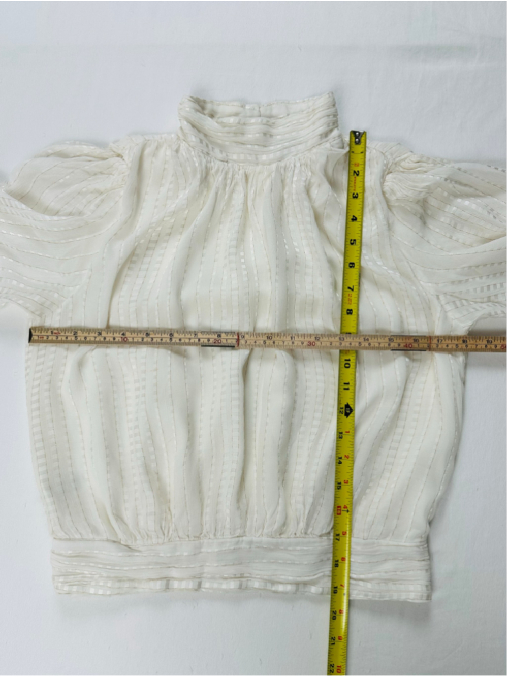 Ann Taylor Small Ivory Metallic Stripe High Neck Puff Sleeve Romantic Blouse - Picture 3 of 13